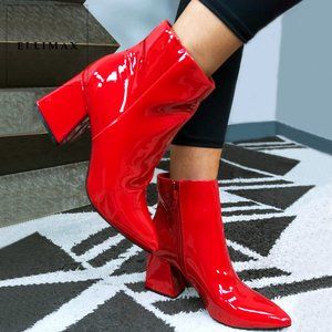 BAMBOO Red Patent Pointed Toe Block Heel Ankle Boots